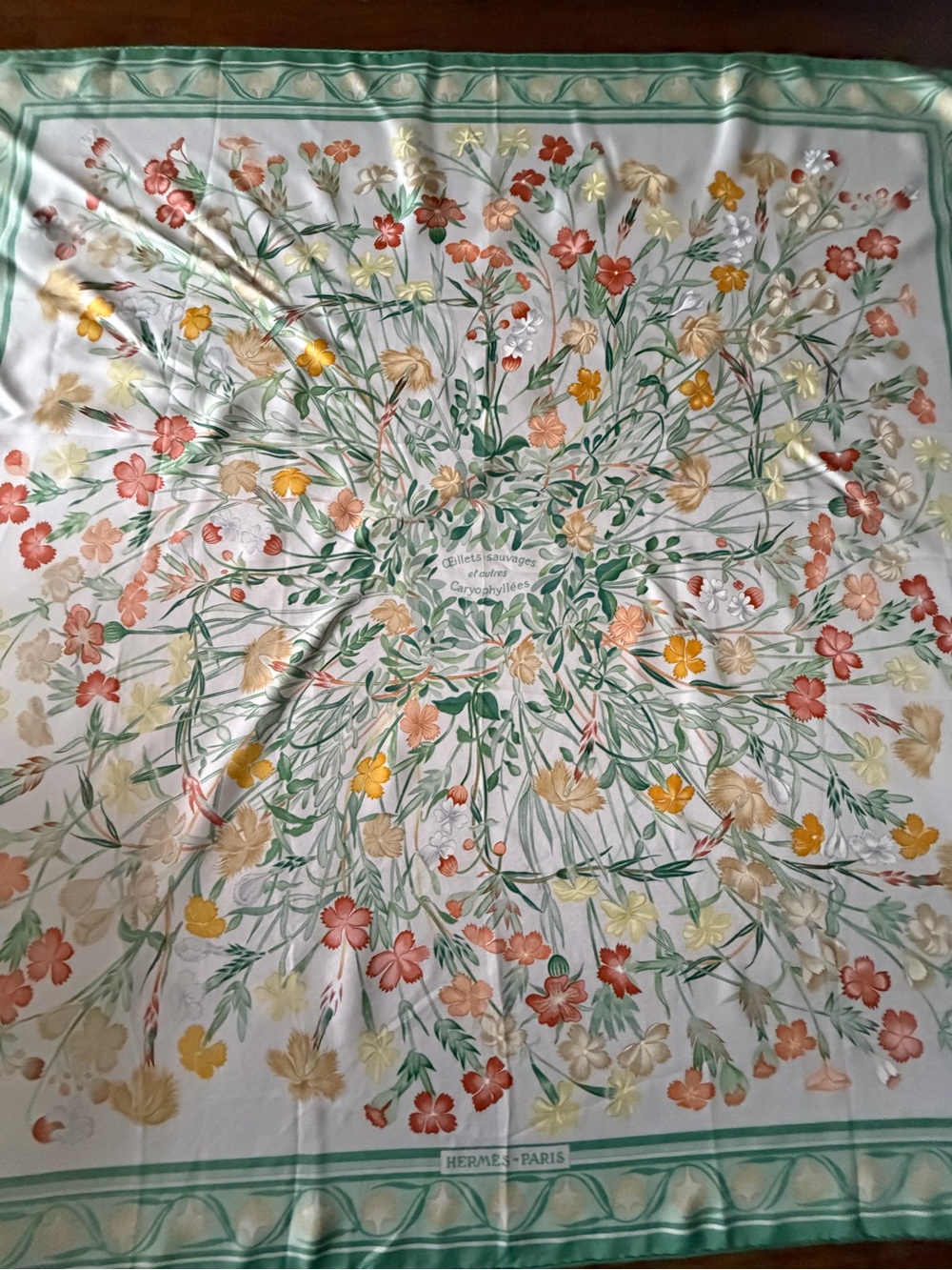 Hermes Oeillets Sauvages et autres Caryophyllees Floral Print Silk Scarf.